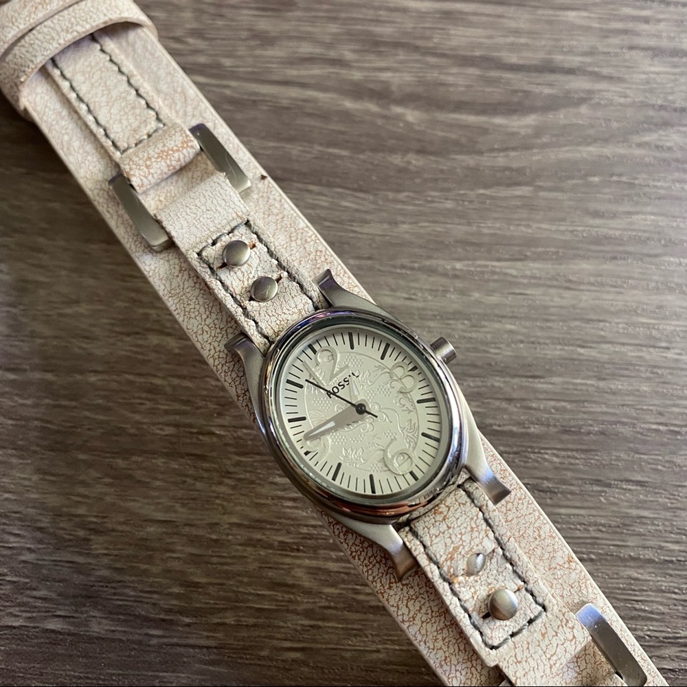 Fossil Silver Filigree White Leather Watch